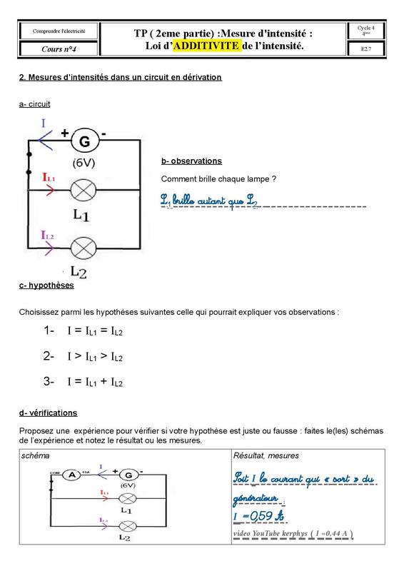 PCCL - Evaluation-bilan électricite 4e cycle4 controle execices corriges -  Additivité des tensions en série - Unicité de la tension en dérivation -  Additivité des intensités à un noeud de dérivation 